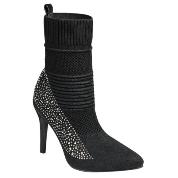 WOMENS RHINESTONE KNIT POINTY TOE SOCK ANKLE BOOTS BLACK SIZE 9